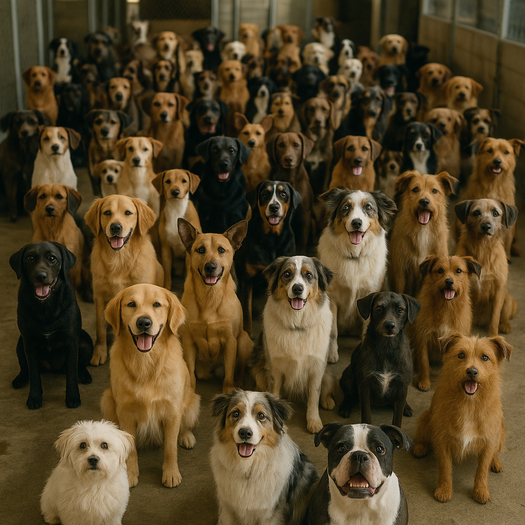 Diverse group of dogs in a shelter environment