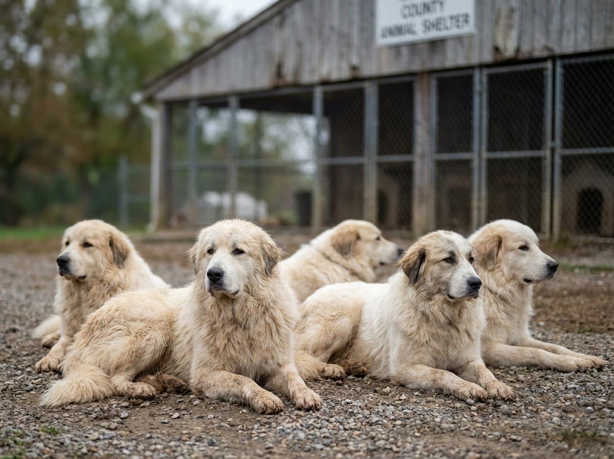 Group of Great Pyrenees-mix dogs in a shelter yard with soft natural light