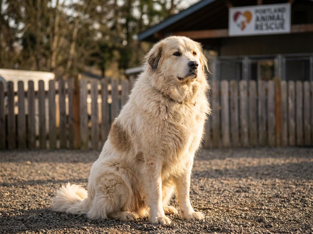 A Great Pyrenees-mix dog sitting in a shelter yard in Portland with soft late-afternoon light.