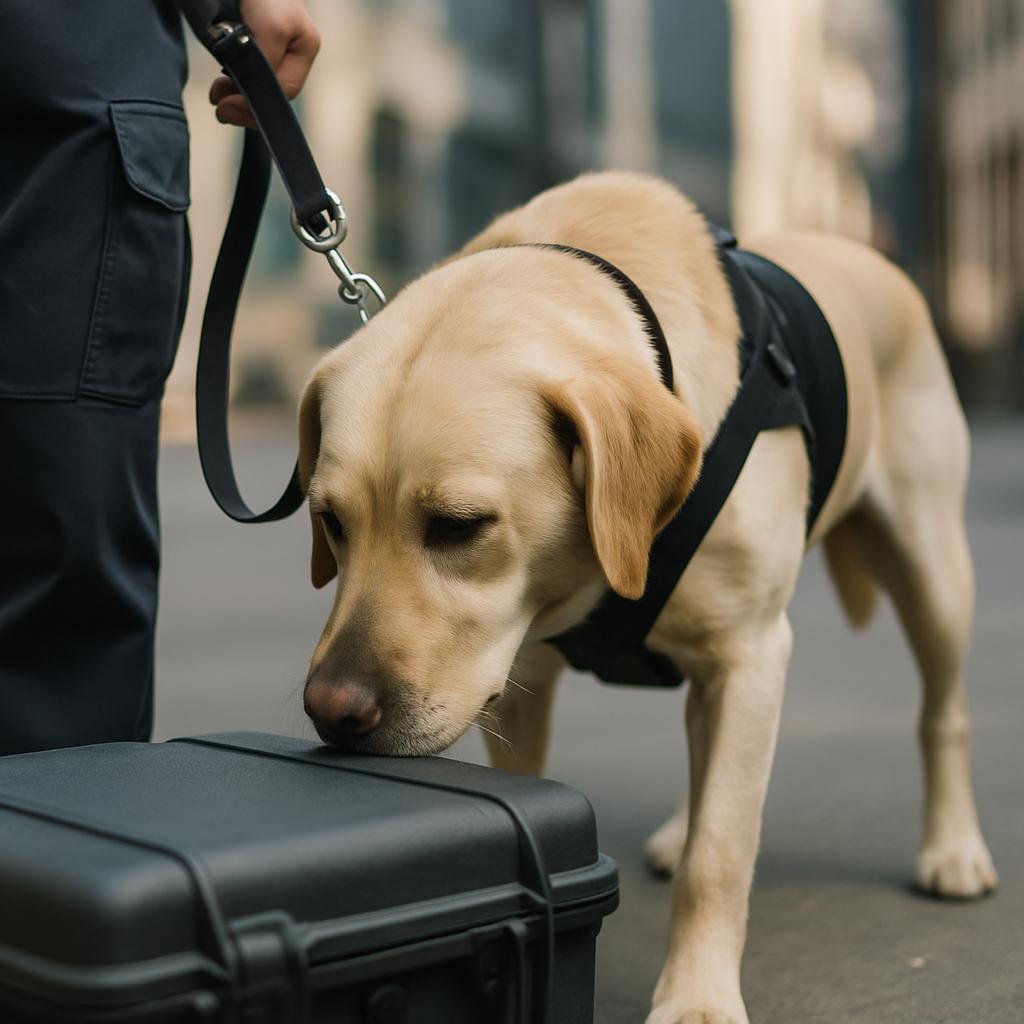 Bomb-sniffing Labrador Retriever working with handler in an urban training setting, photorealistic.