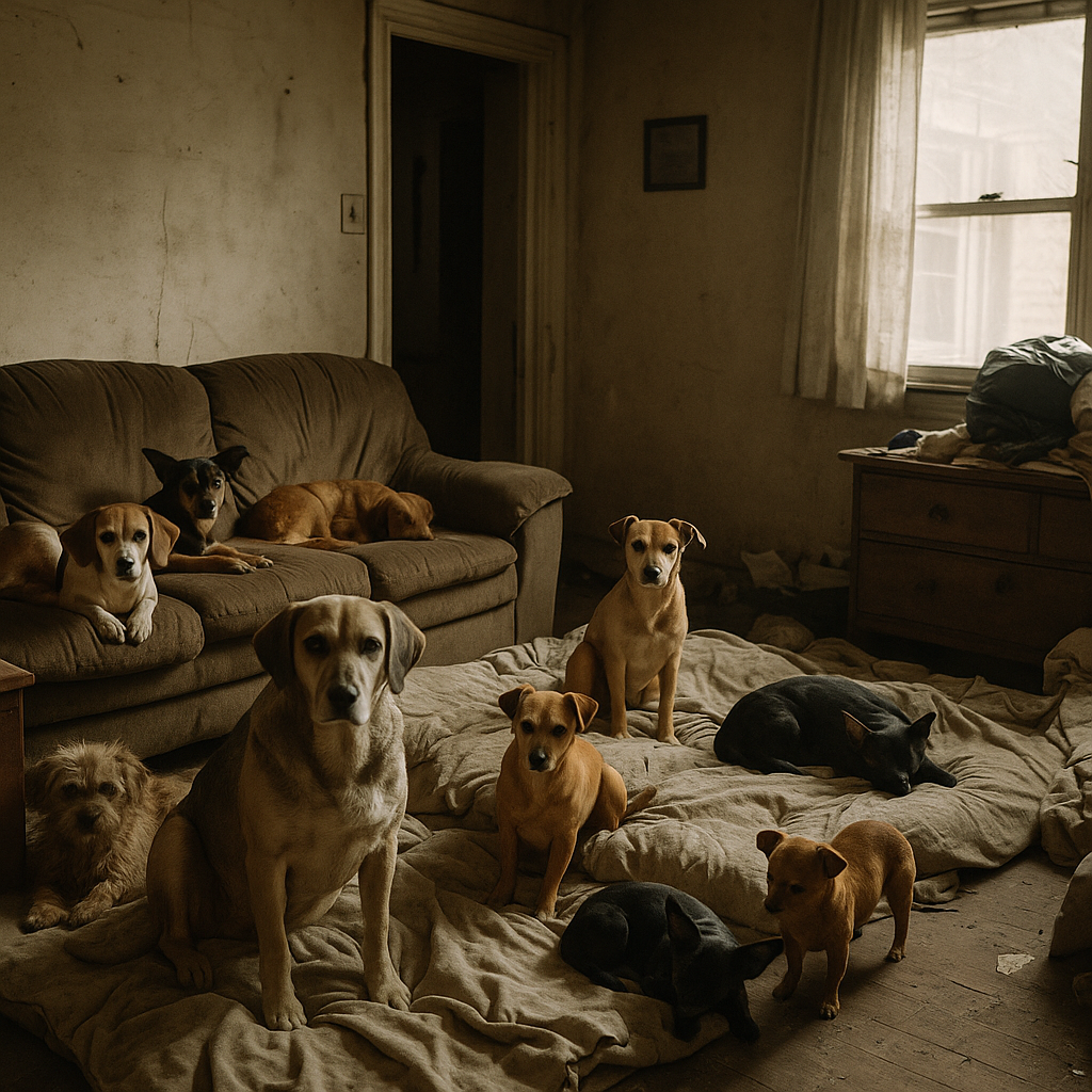 A group of many dogs inside a lived-in home, lying on beds and blankets in a cluttered room.