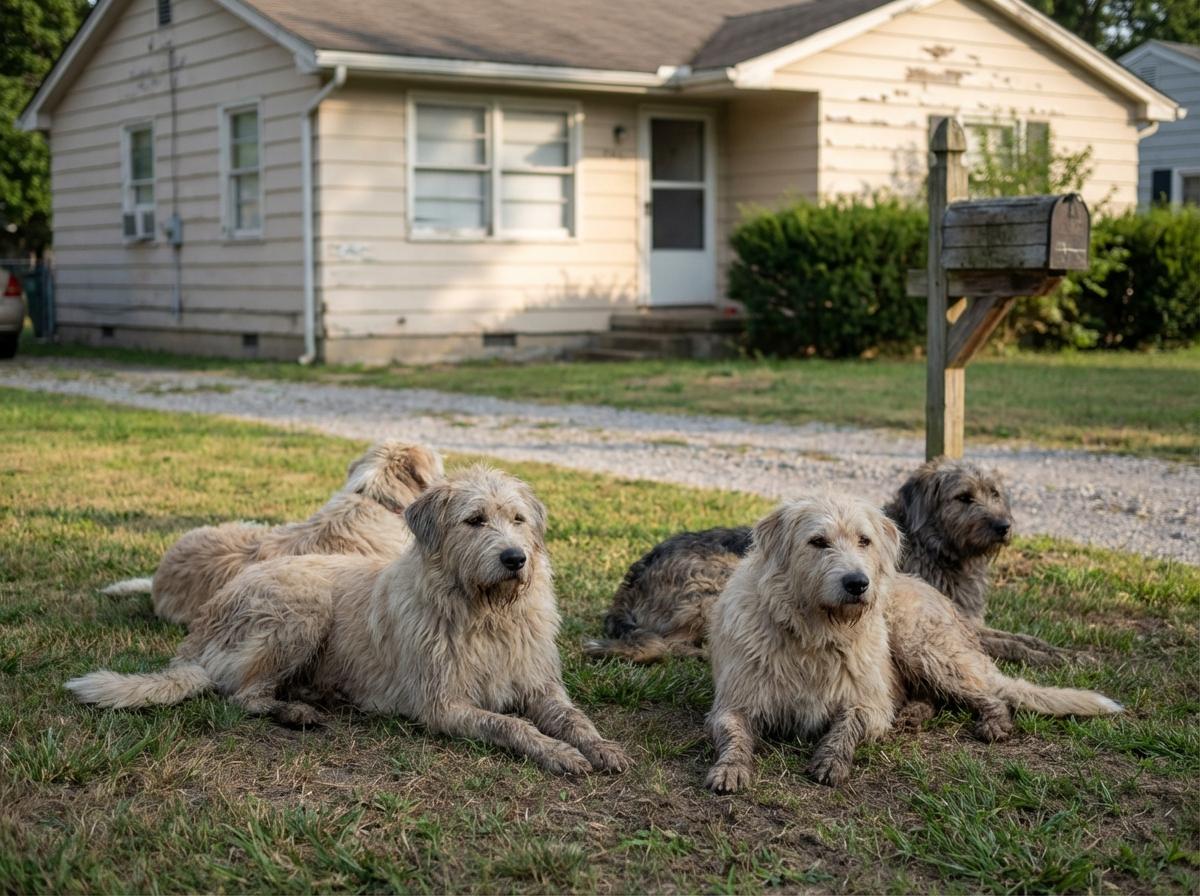 Group of large mixed-breed dogs in a suburban yard in front of a house, photorealistic