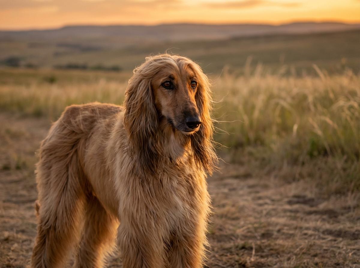 Adult Afghan Hound standing on a plain with a long silky coat blowing in the wind, golden hour lighting