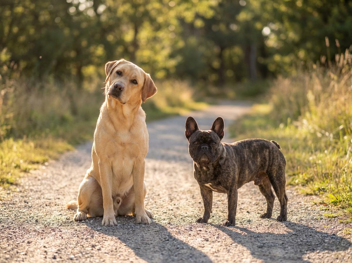 A Labrador Retriever and a French Bulldog together outdoors in soft late-afternoon light.