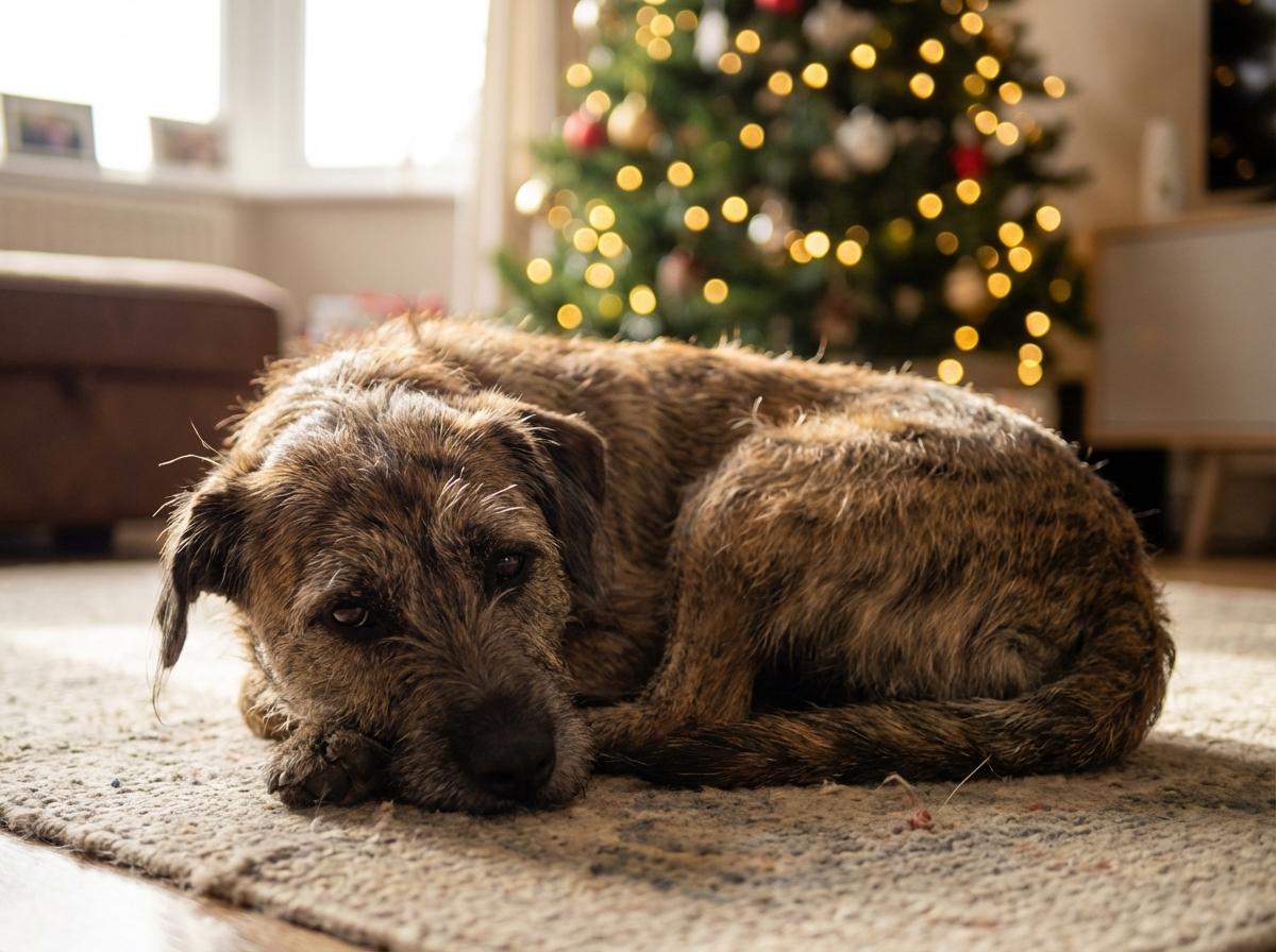 A calm dog resting on a rug with holiday lights blurred in the background.