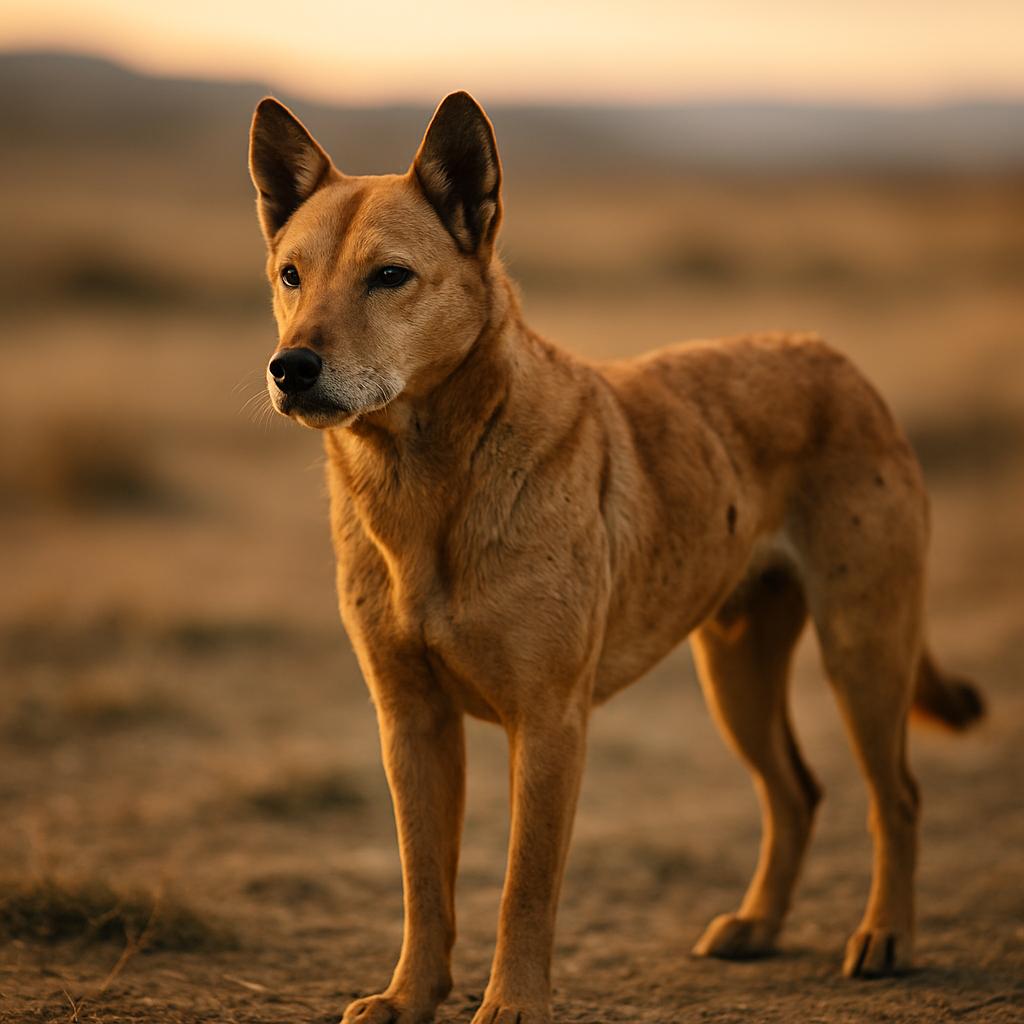 Photorealistic image of an ancient village dog standing on a plain at golden hour, detailed fur texture and shallow depth of field.