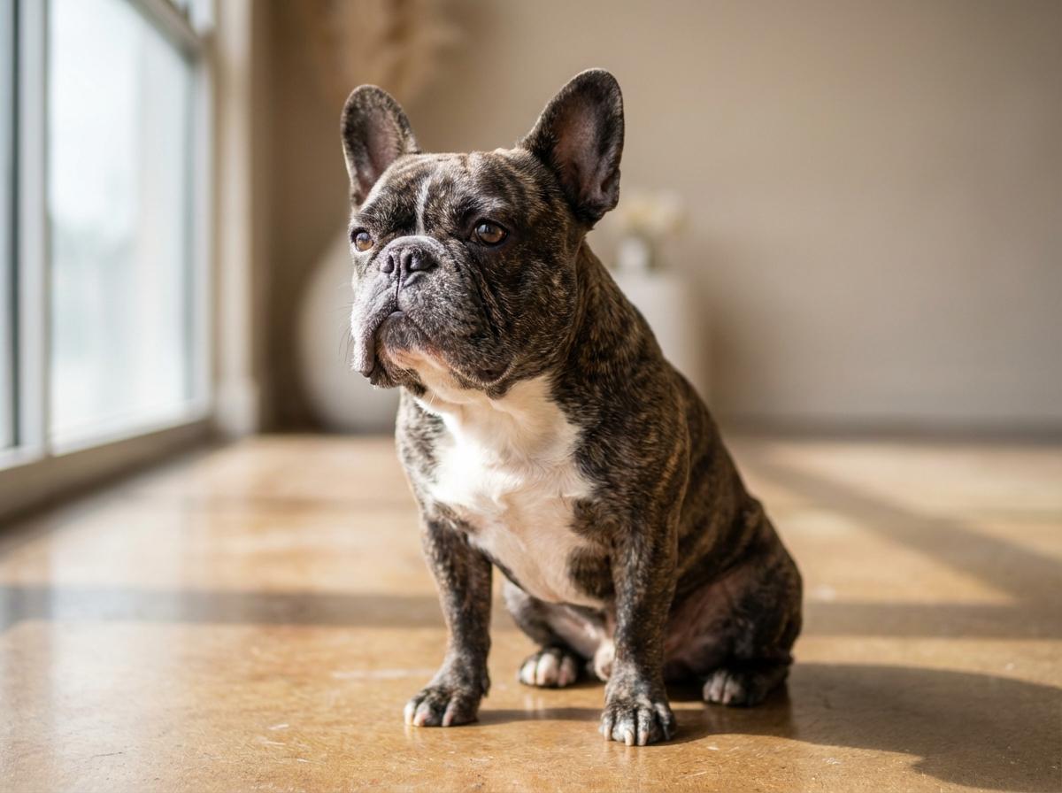 Photorealistic image of a French Bulldog sitting, showing flattened muzzle and facial wrinkles.