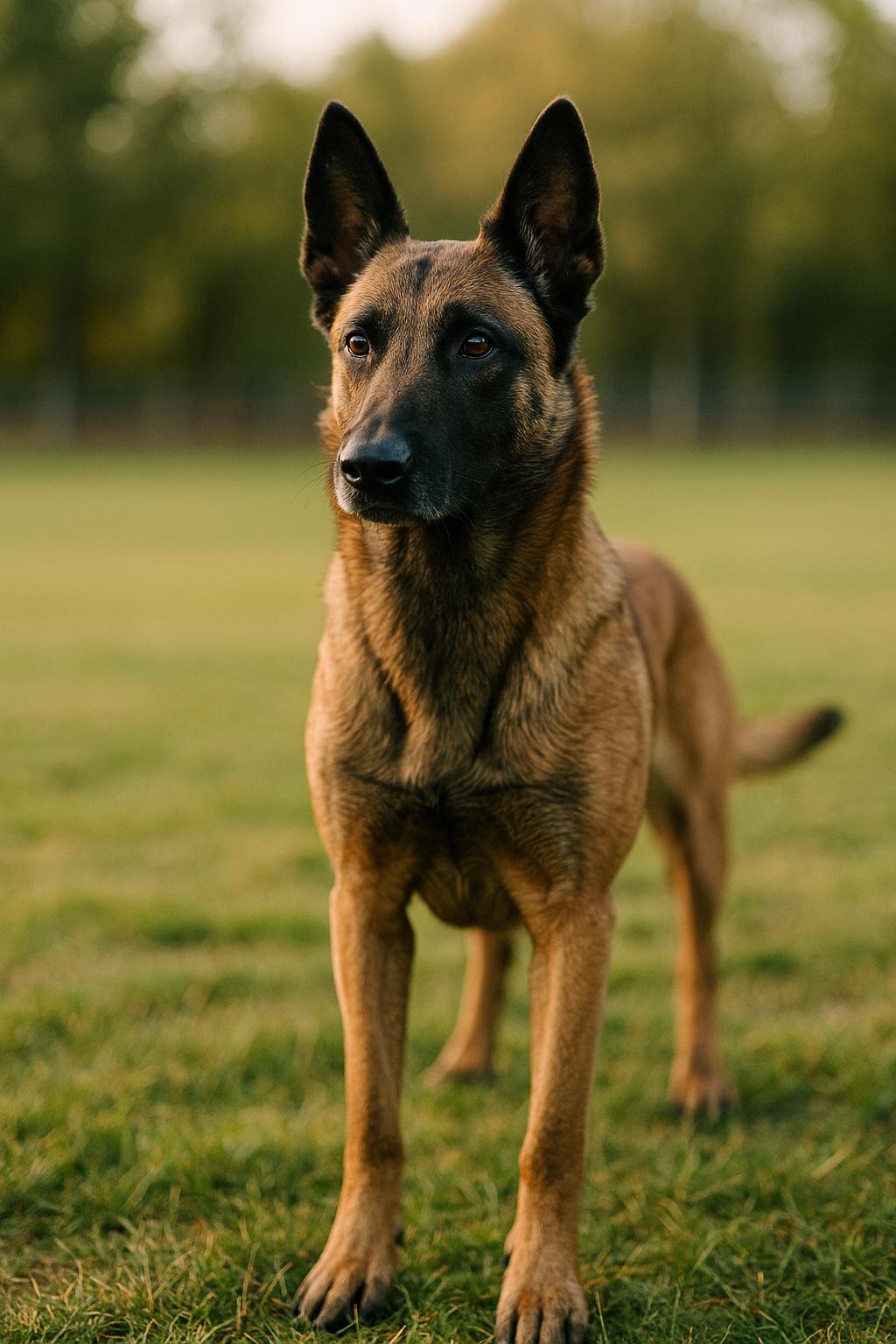 Lexi, a Belgian Malinois, standing alert in a grassy training field, awaiting a command