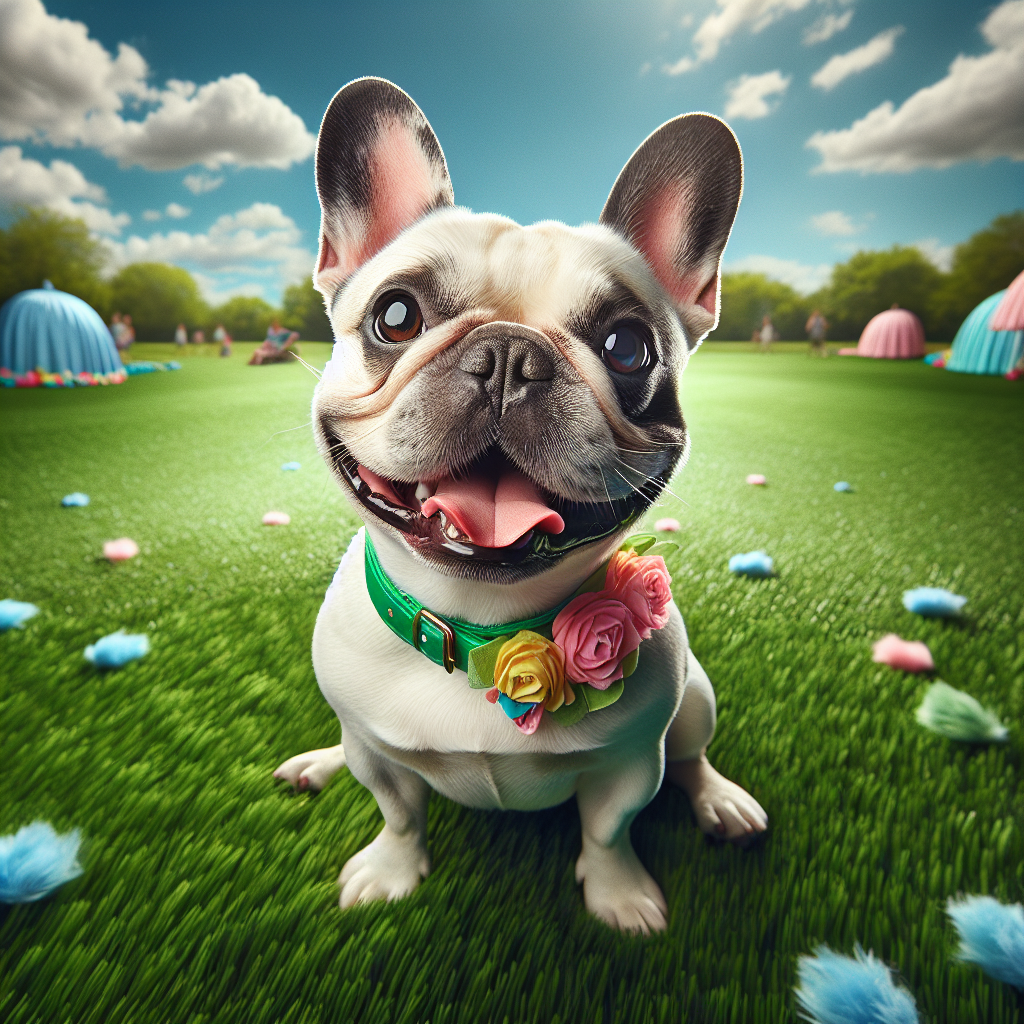 Happy French Bulldog sitting in a grassy field