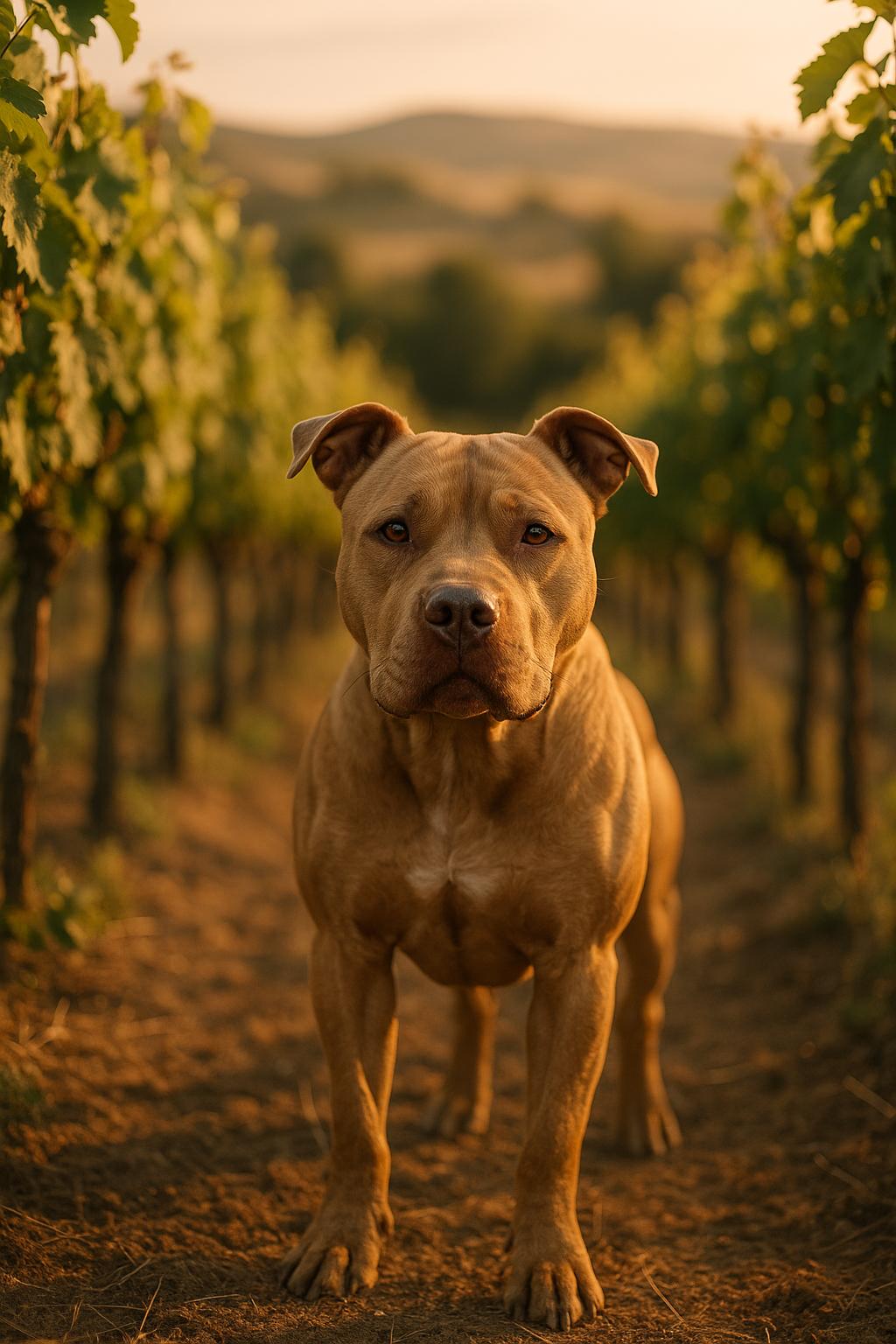 Pit bull-type dog standing among vineyard rows at golden hour, shallow depth of field, photorealistic