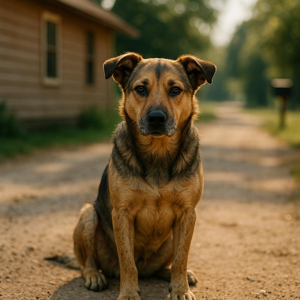 A medium-sized stray dog sitting on a driveway in front of a rural house, late afternoon light, photorealistic