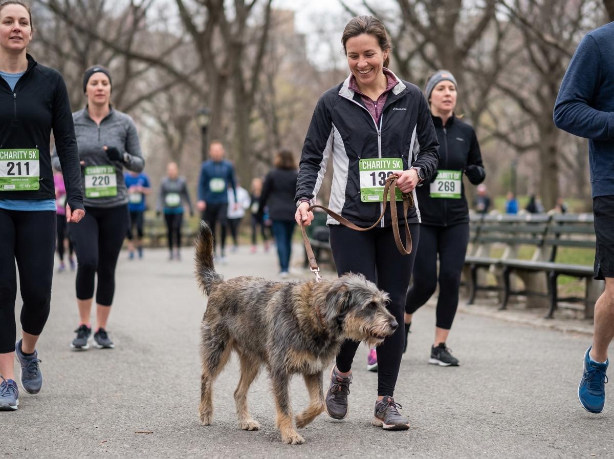 Dog and owner walking along a tree-lined path in Central Park during a 5K charity event.