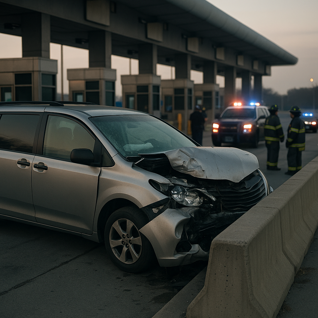 Minivan crashed into a concrete barrier at a toll plaza with emergency vehicles at the scene.