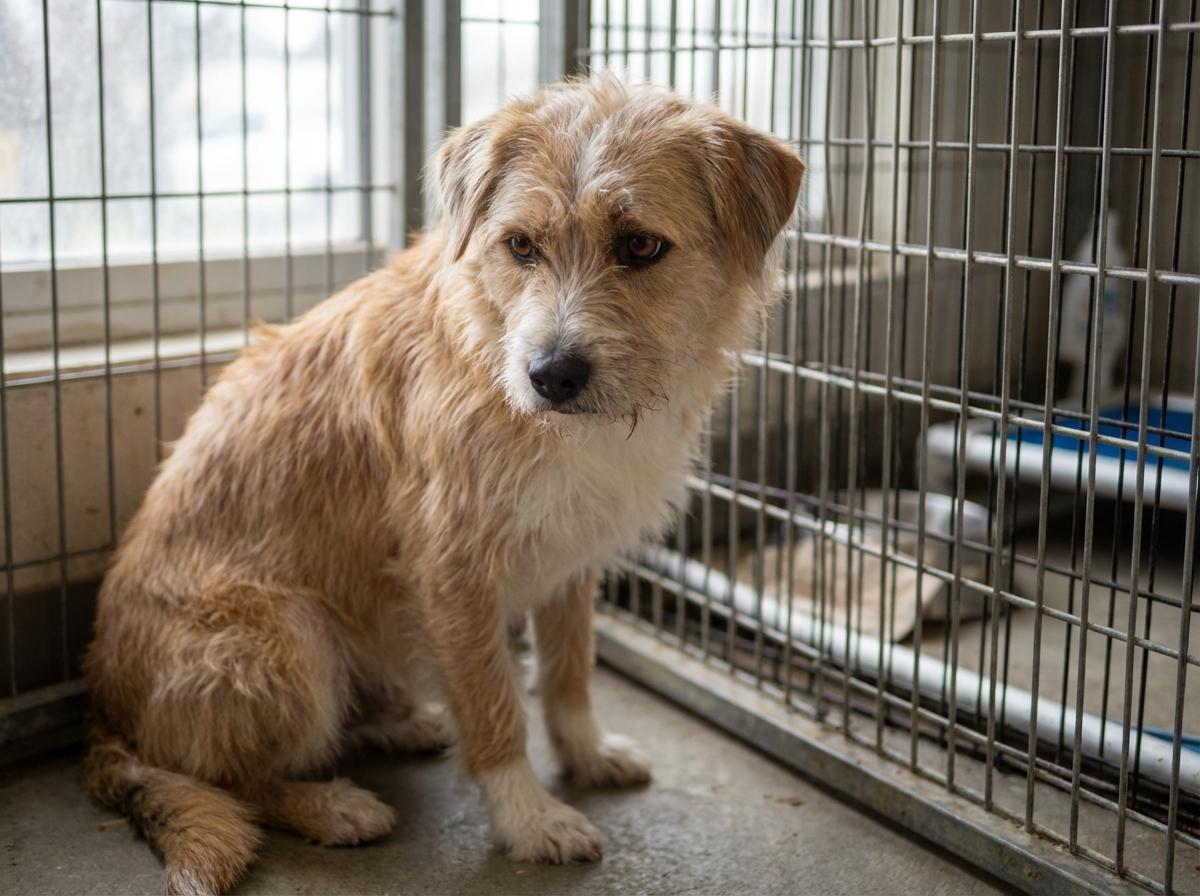 Bella Boo, a 4-year-old dog, sitting in a shelter kennel looking forlorn