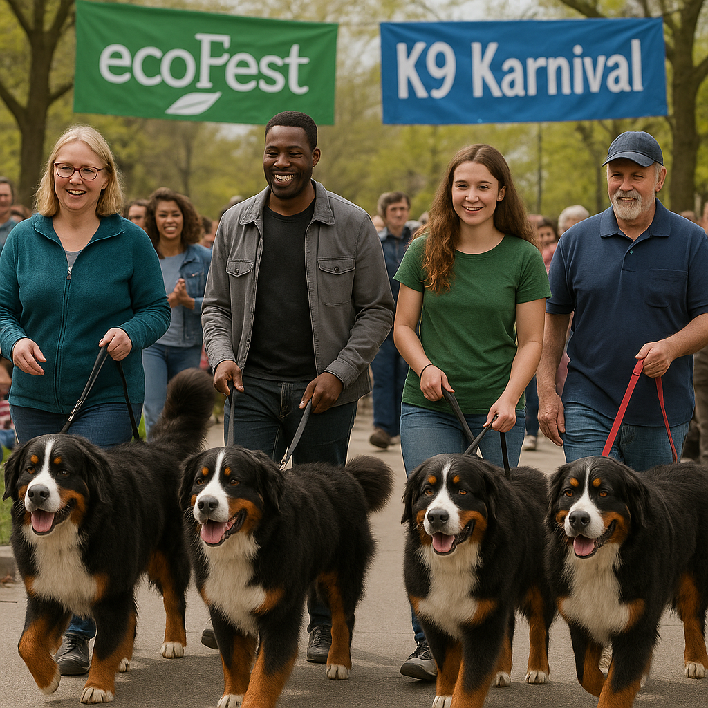 Bernese Mountain Dogs with handlers participating in a community parade