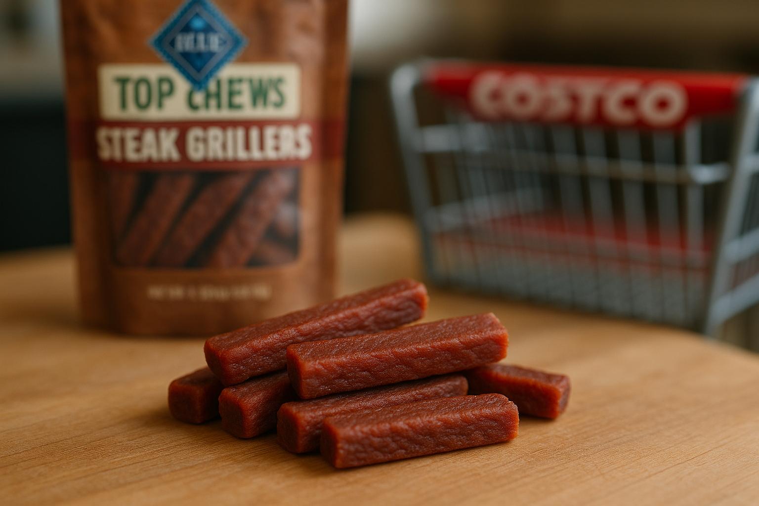 Blue Buffalo Top Chews Steak Grillers dog treats on a kitchen counter, showing realistic beefy texture