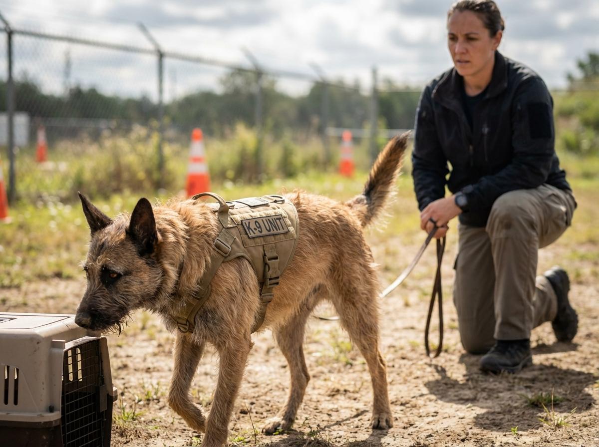 Explosive detection dog in harness with handler at a training site, natural daylight, shallow depth of field.