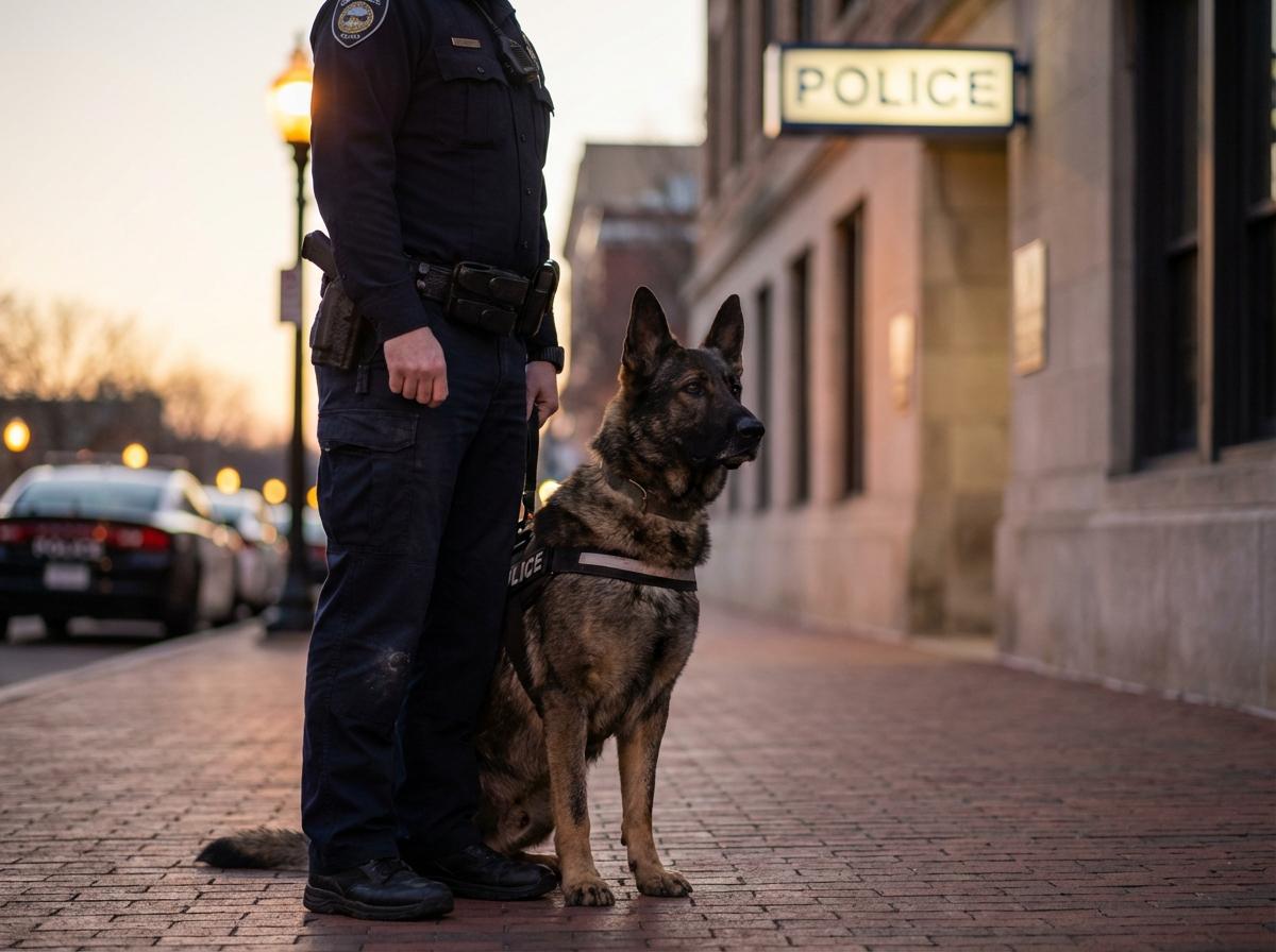 Photorealistic image of a police K-9 sitting beside a uniformed handler outside a station at dusk