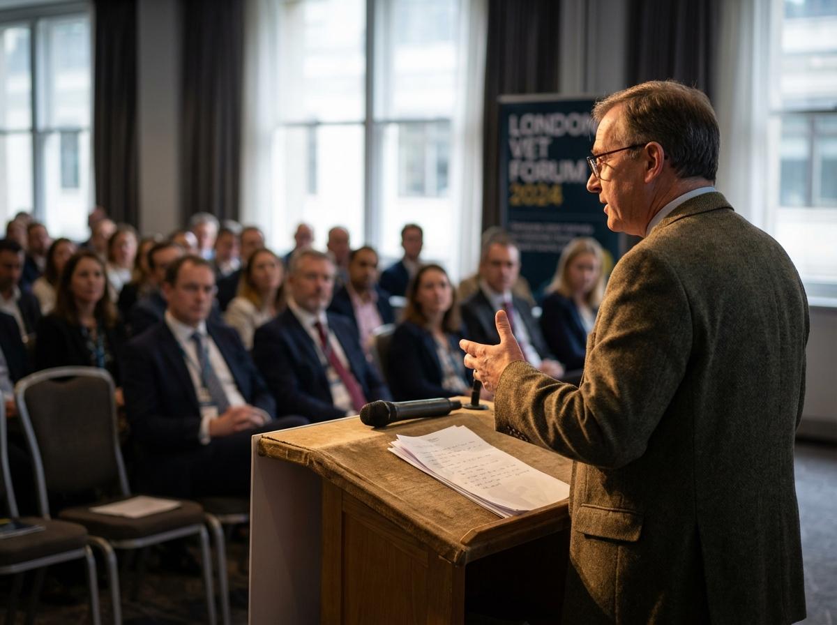 Keynote speaker at a veterinary conference lectern with blurred audience in the background