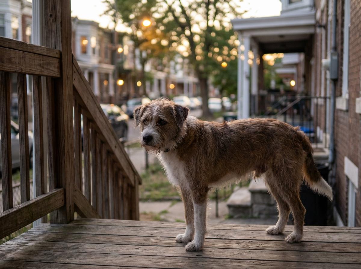 A medium-sized dog standing on a front porch at dusk, looking away from the camera.
