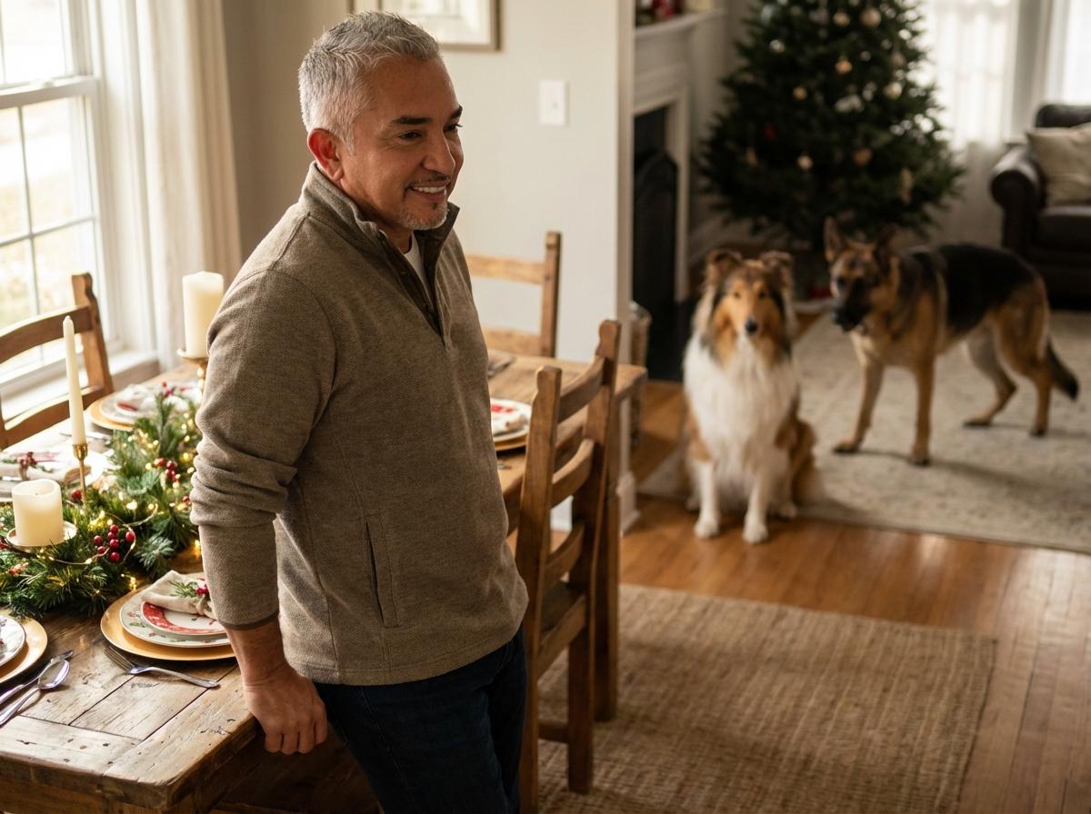 Cesar Millan near a holiday table with a collie watching and a German shepherd exhibiting agitated behavior in the background.
