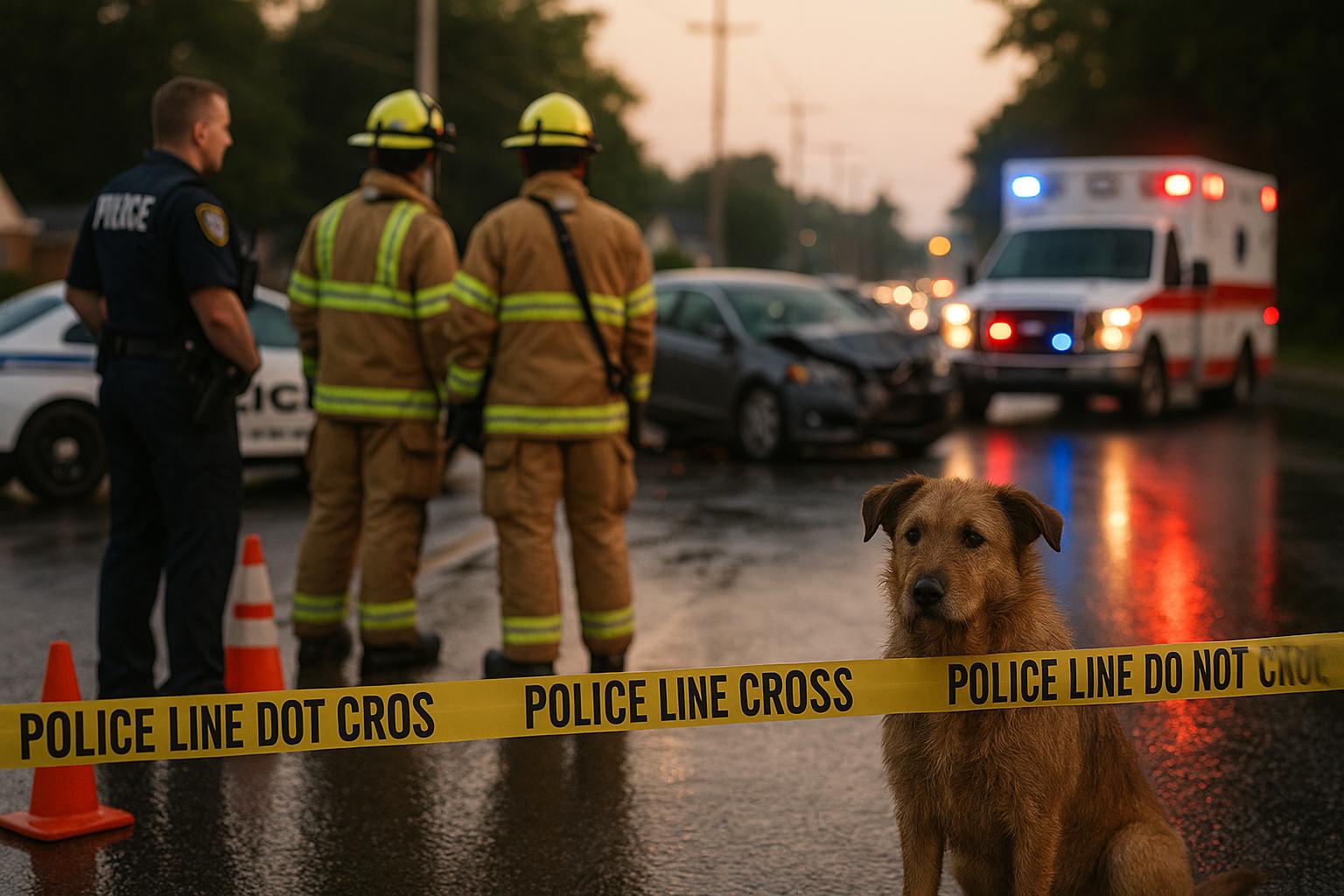 Emergency vehicles at a multi-vehicle crash scene on Ashland City Road in Clarksville, with responders and a shelter dog visible in foreground