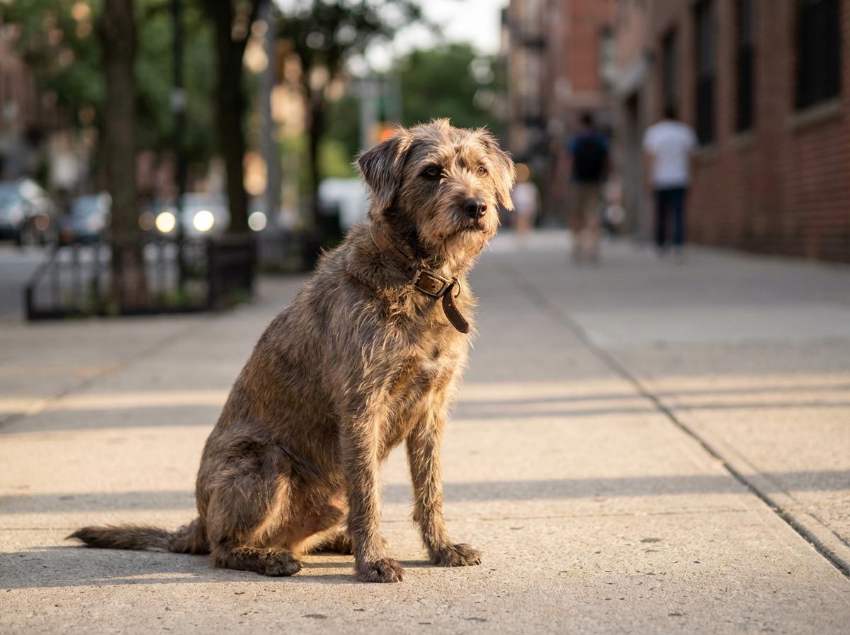 Medium-sized mixed-breed dog sitting on a city sidewalk at golden hour, shallow depth of field.