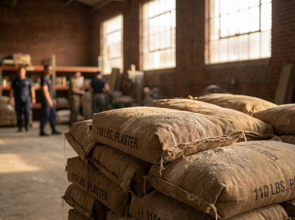 Warehouse interior at a Coast Guard Station showing stacked 110-pound sacks dusted with white plaster, soft morning light.