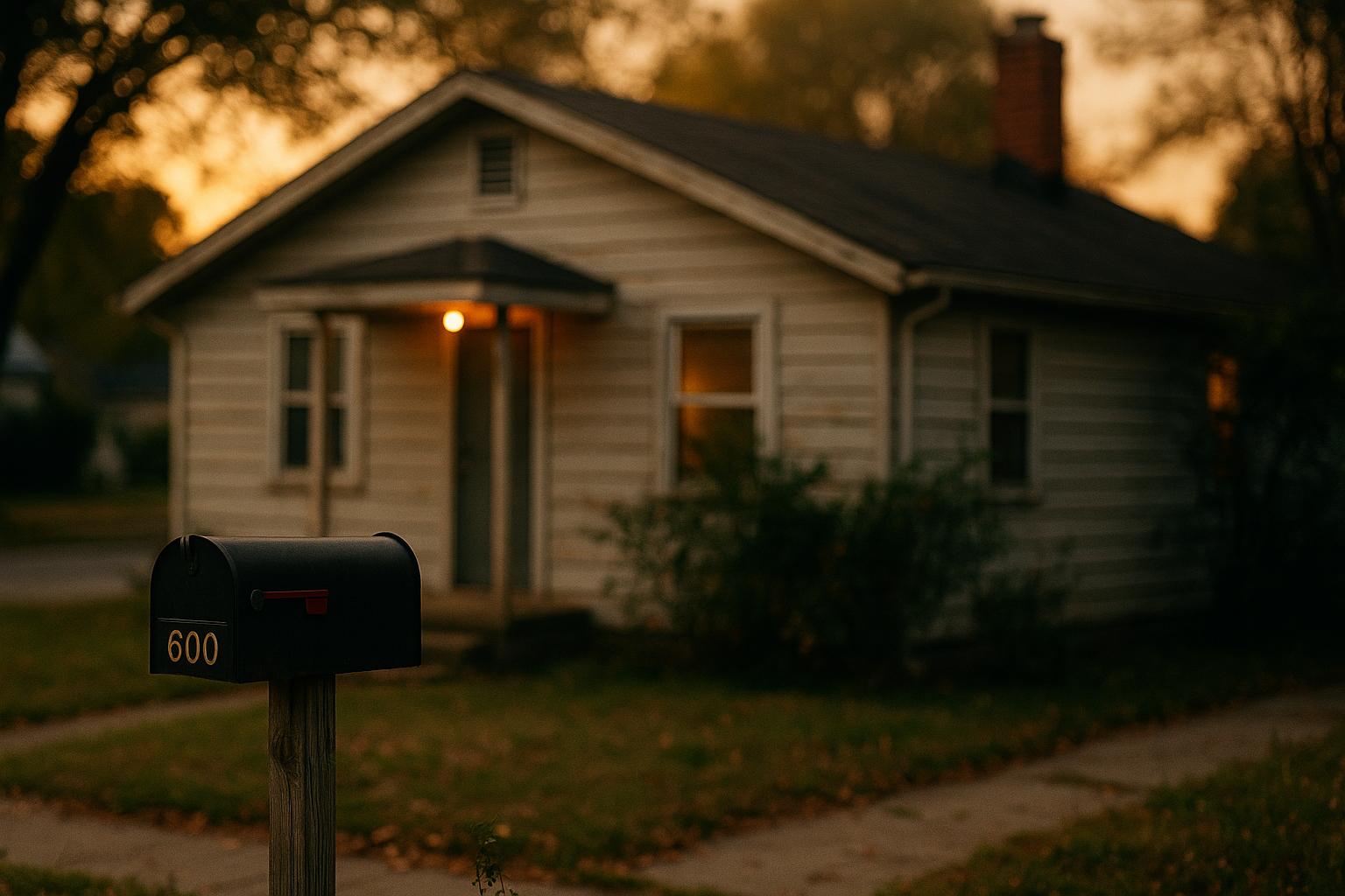 Exterior of a modest home on the 600 block of First Street at dusk, Bruceville-Eddy-style residential setting.