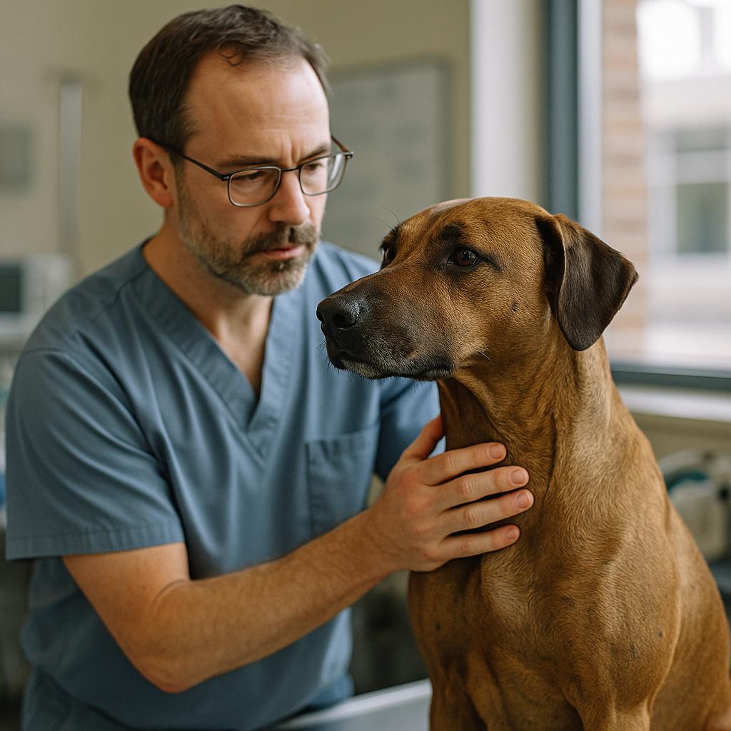 Veterinarian examining an athletic dog in a university veterinary clinic, photorealistic
