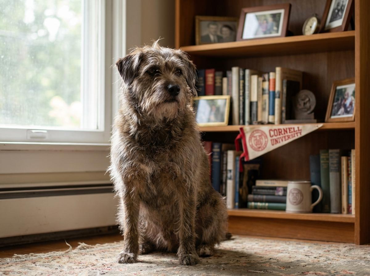 Photorealistic dog in a study room with Cornell insignia visible on a shelf