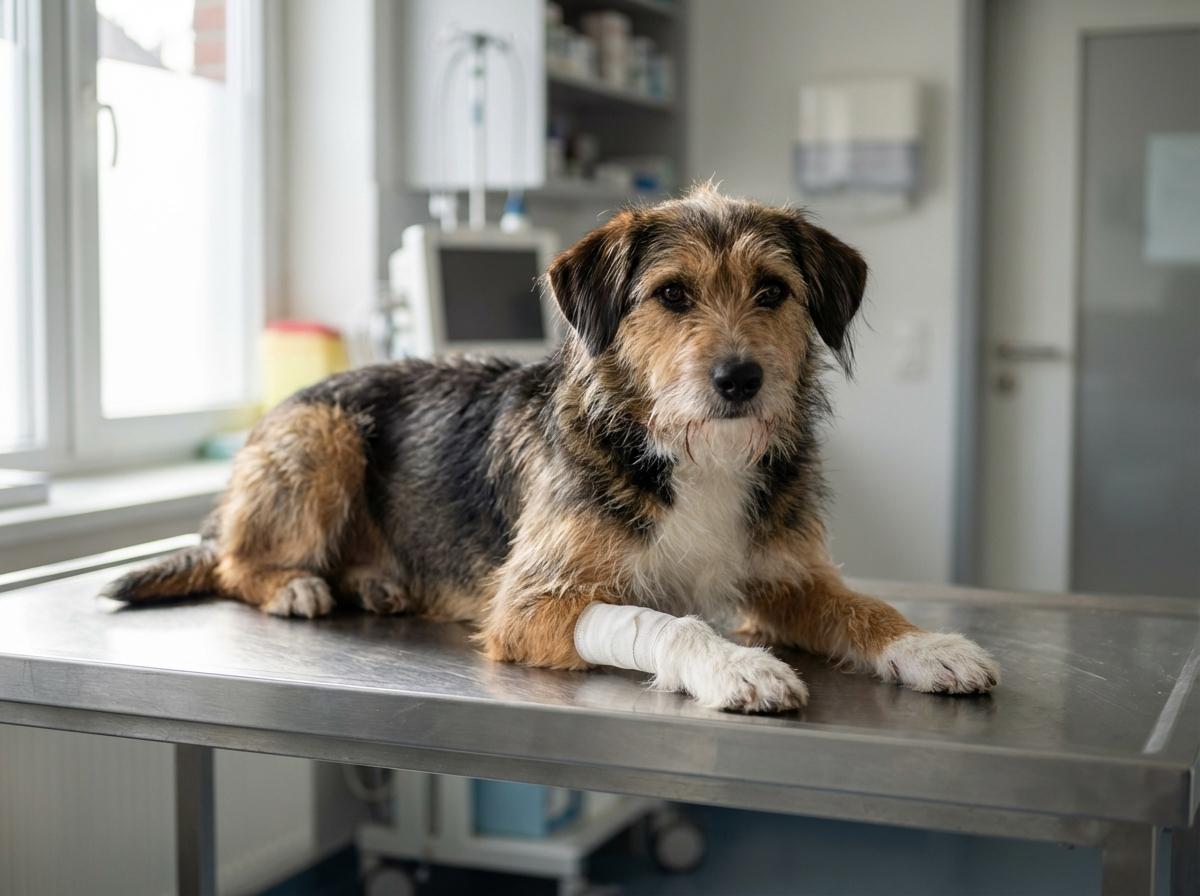 A mixed-breed dog with a bandaged leg lying on a veterinary exam table receiving care.