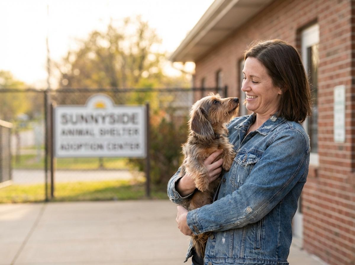 Adopter holding a dachshund outside an animal shelter building in Jacksonville, Florida