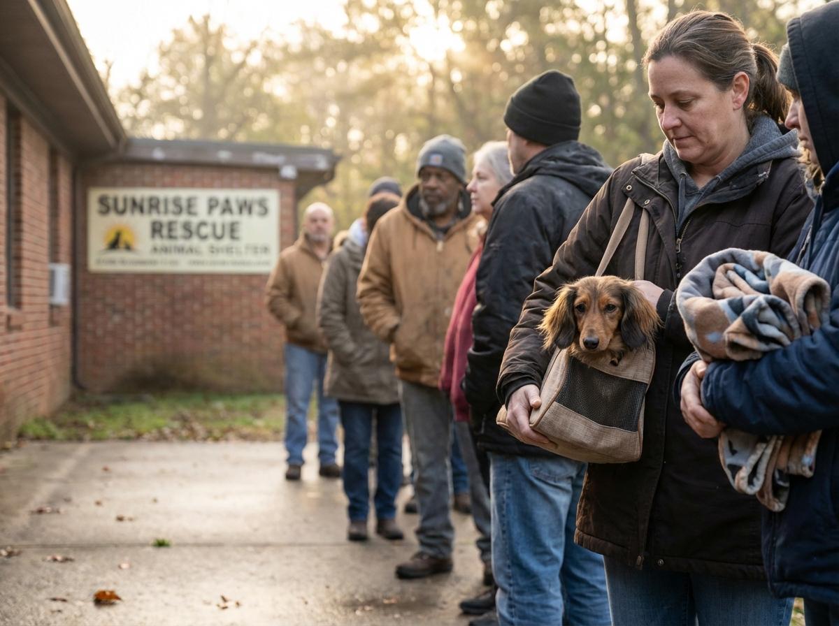 People lined up outside an animal shelter at dawn holding dachshund carriers