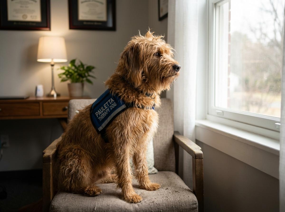 Pauletta, a therapy dog, sitting in a clinical therapy room at Denver Health