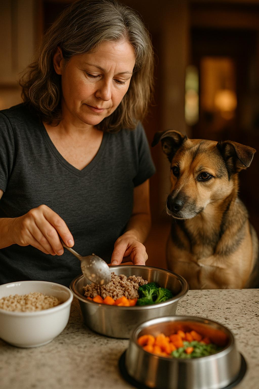 Person preparing a homemade dog meal on a kitchen counter while a mixed-breed dog watches