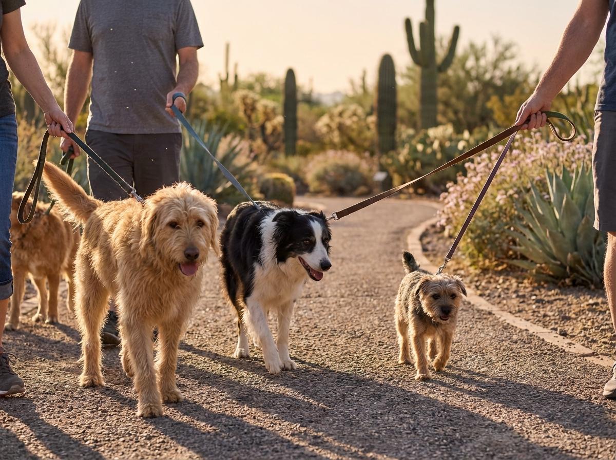 Leashed dogs and owners walking on a sunlit desert botanical garden trail in the morning