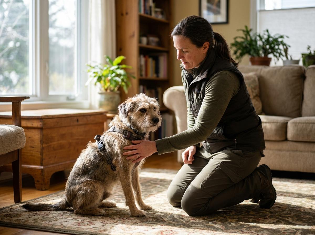 Dog trainer working with a calm dog in a living room, natural light and soft background
