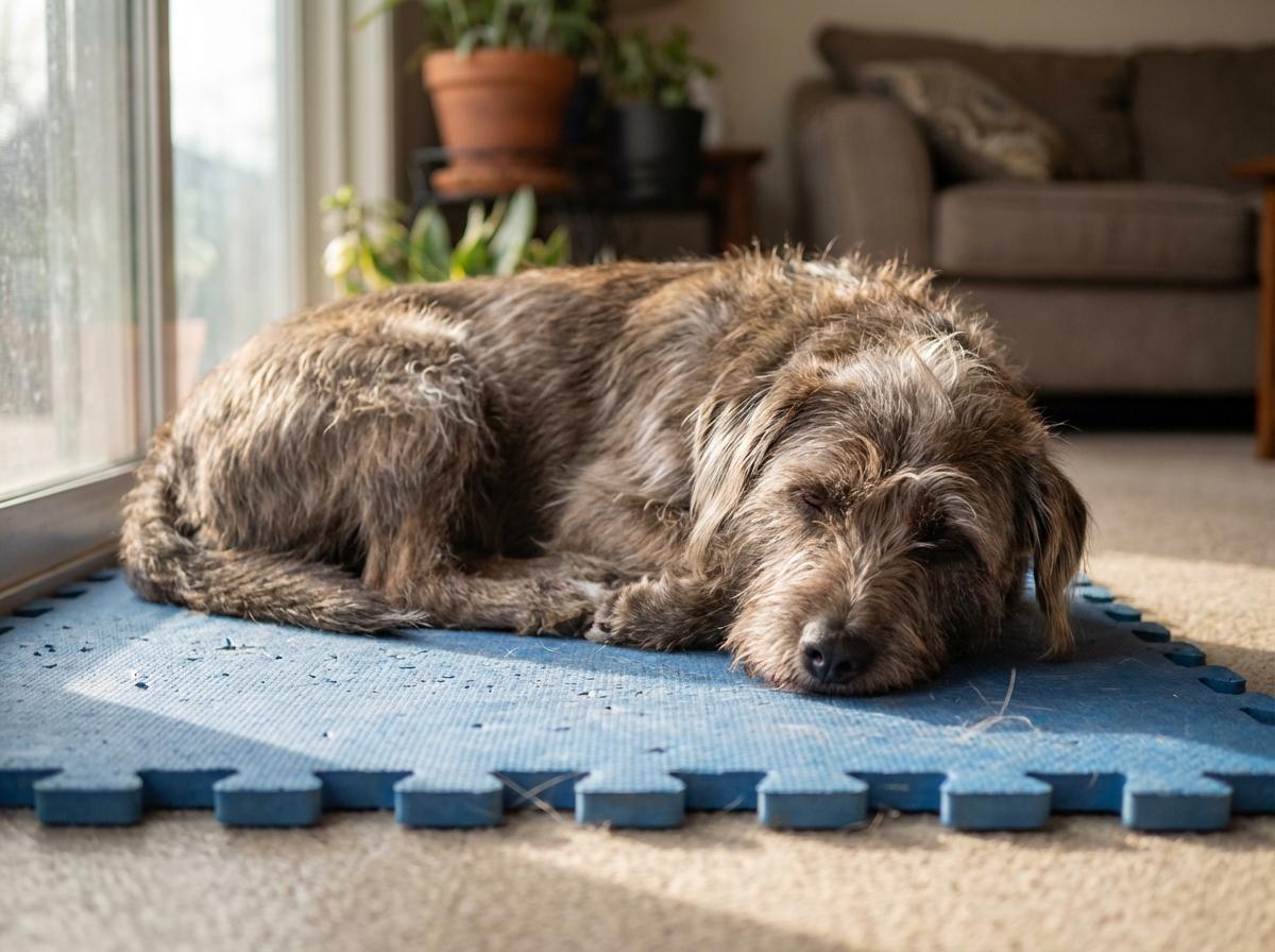 A dog resting on a training mat in soft natural light, eyes relaxed after a short nap.