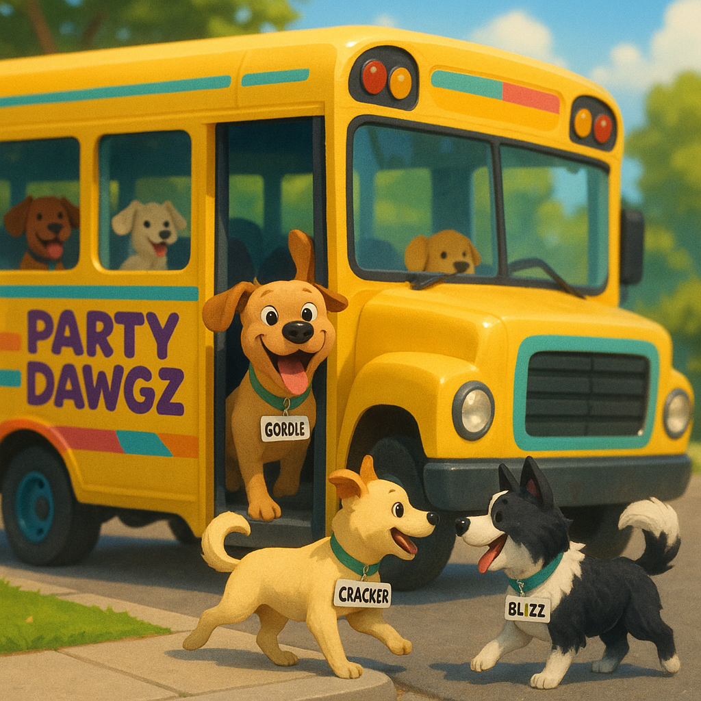 Dogs boarding a colorful daycare bus labeled 'PARTY DAWGZ', including a smiling dog named Gordle and an excited dog named Cracker approaching his friend Blizz.
