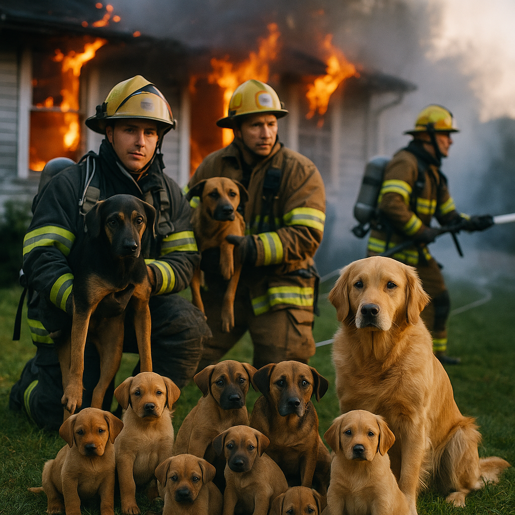 Firefighters rescuing dogs from a burning house
