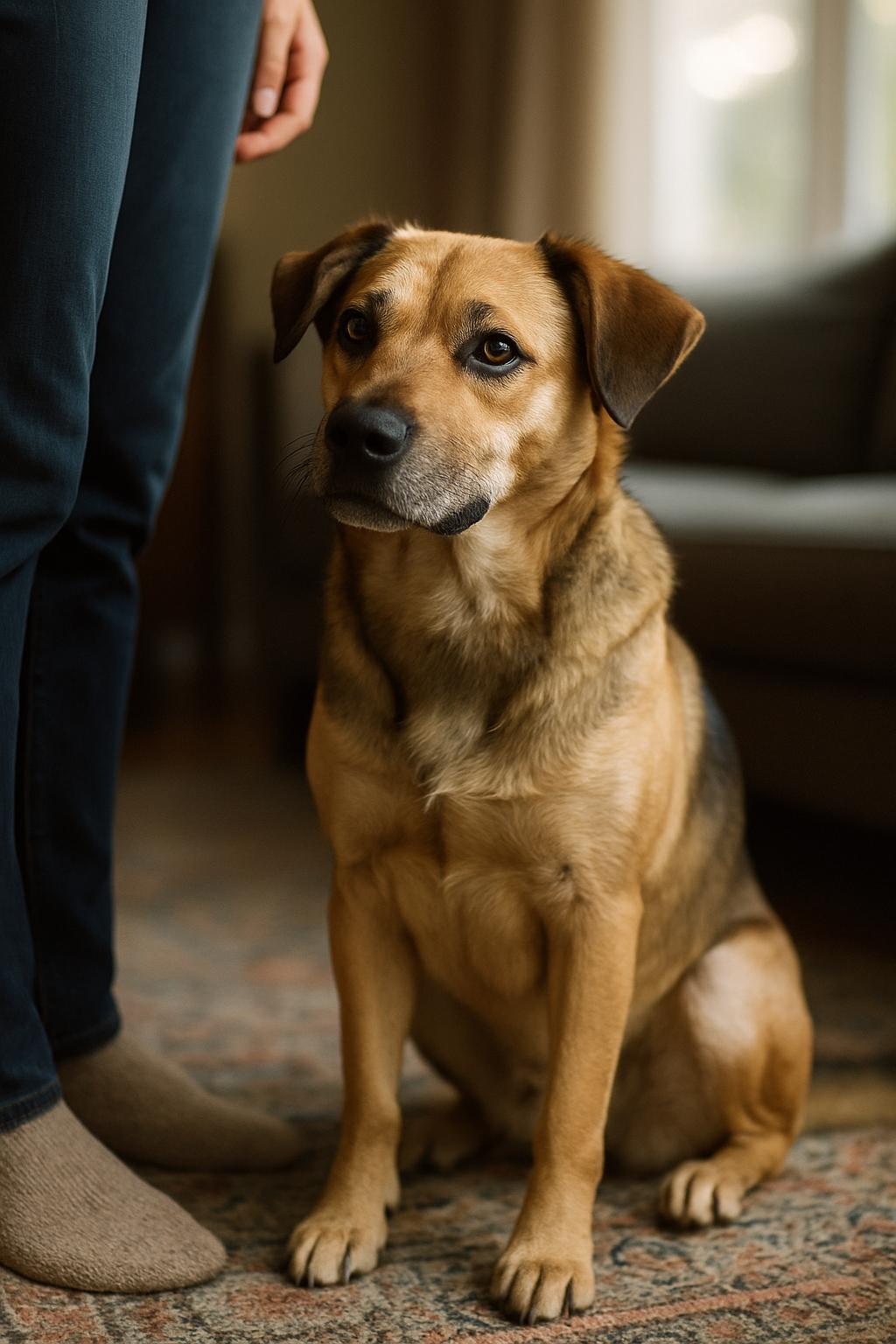 A relaxed dog making soft eye contact while sitting near its owner on a living room rug