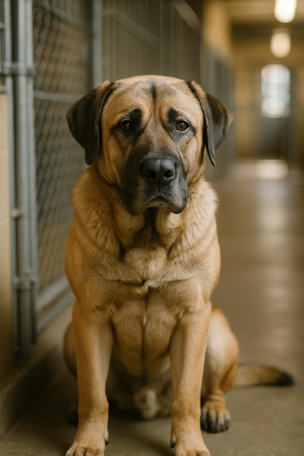 Mastiff and Anatolian Shepherd mix dog sitting in a shelter kennel, looking toward the camera.