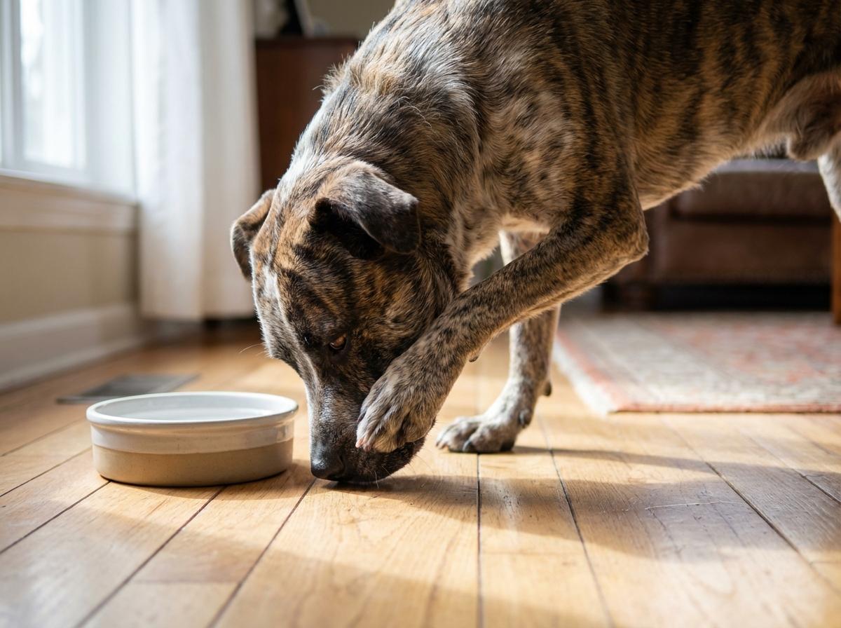 Ebi, a Cane Corso / Australian Cattle Dog, making a mouth-wiping motion beside a water bowl