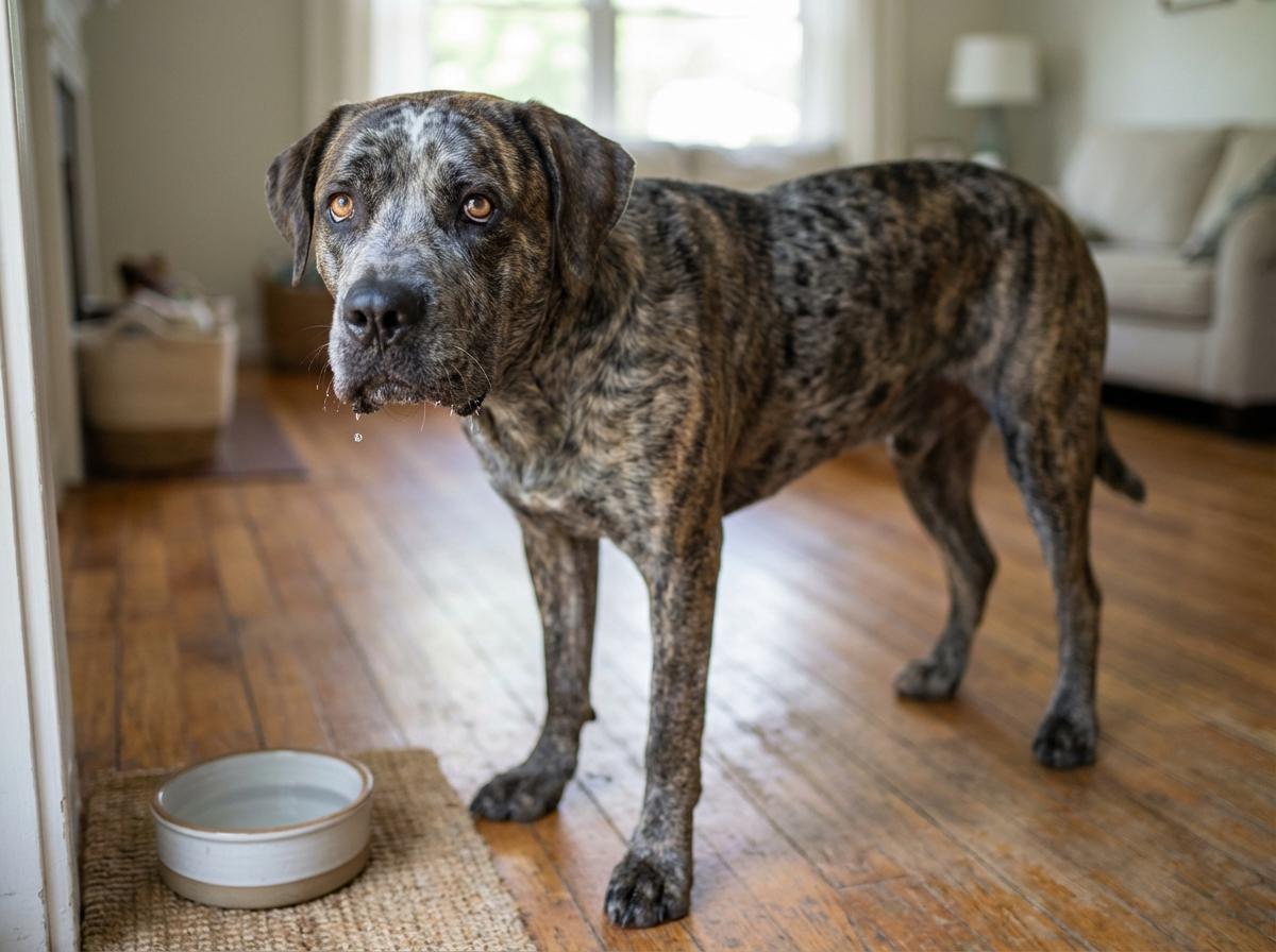 Ebi, a Cane Corso / Australian Cattle Dog, near a water bowl after drinking, photorealistic.