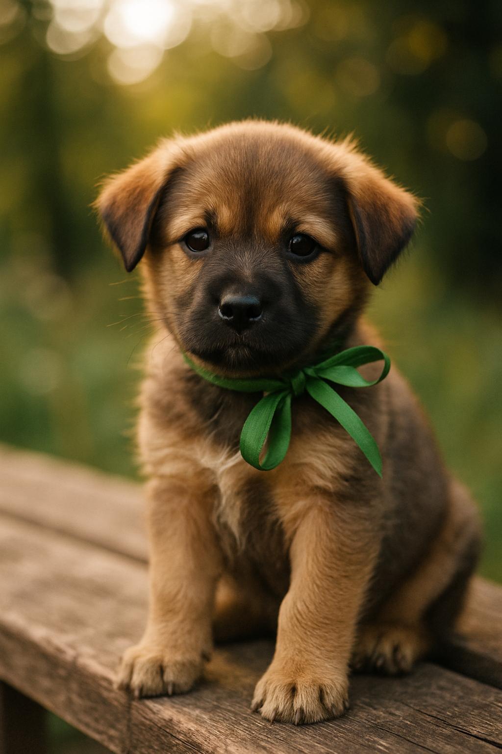 Puppy with a green ribbon on a wooden bench in late-afternoon light
