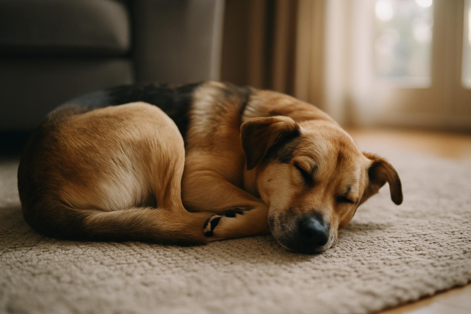 Sleeping mixed-breed dog curled on a living-room rug in soft morning light