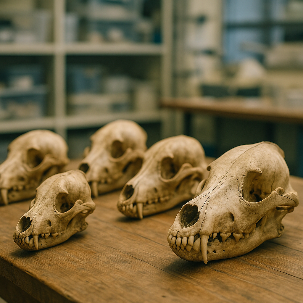 Ancient dog skulls on a wooden table in a lab