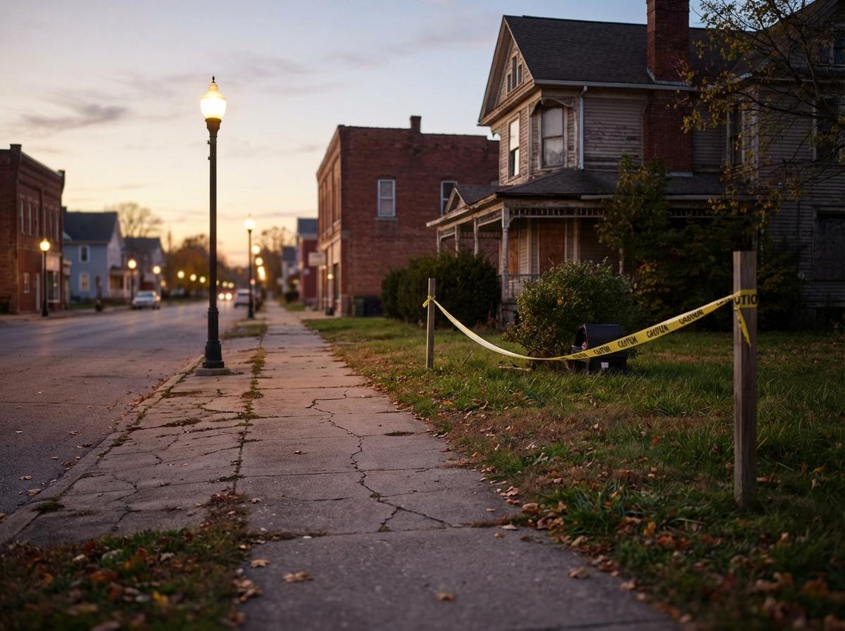 Empty sidewalk in a small town at dusk with caution tape across a yard, photorealistic image
