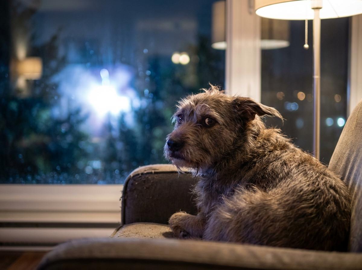 Anxious dog indoors looking toward a window with distant fireworks light visible